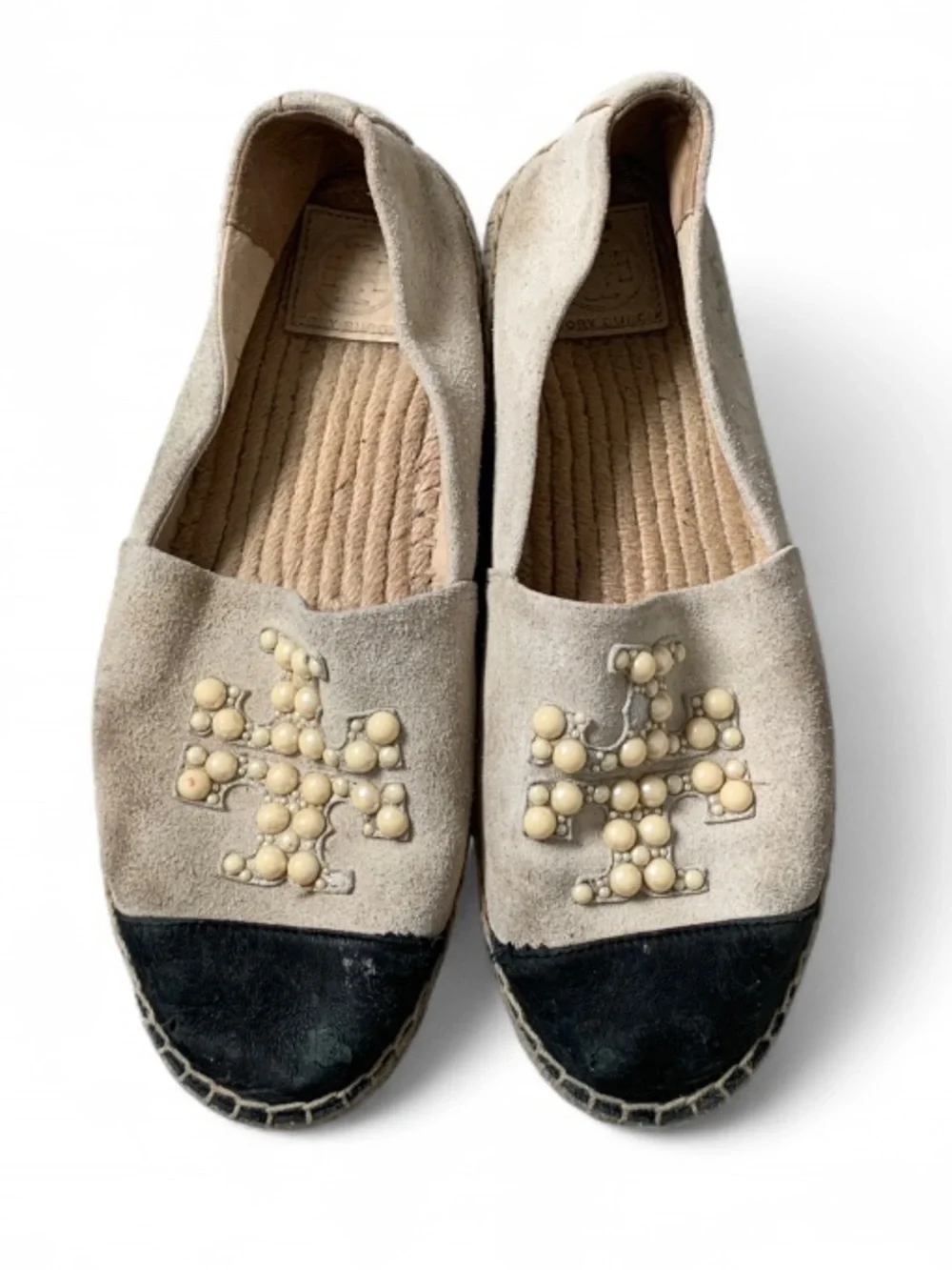 Tory Burch Pearl Logo Beige Suede Slip-On Espadrilles with Black Toe